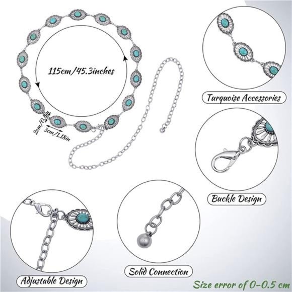 Junkin 2 Pcs Concho Western Chain Belts Turquoise Chain Belt Antique Waist Belts main image 6